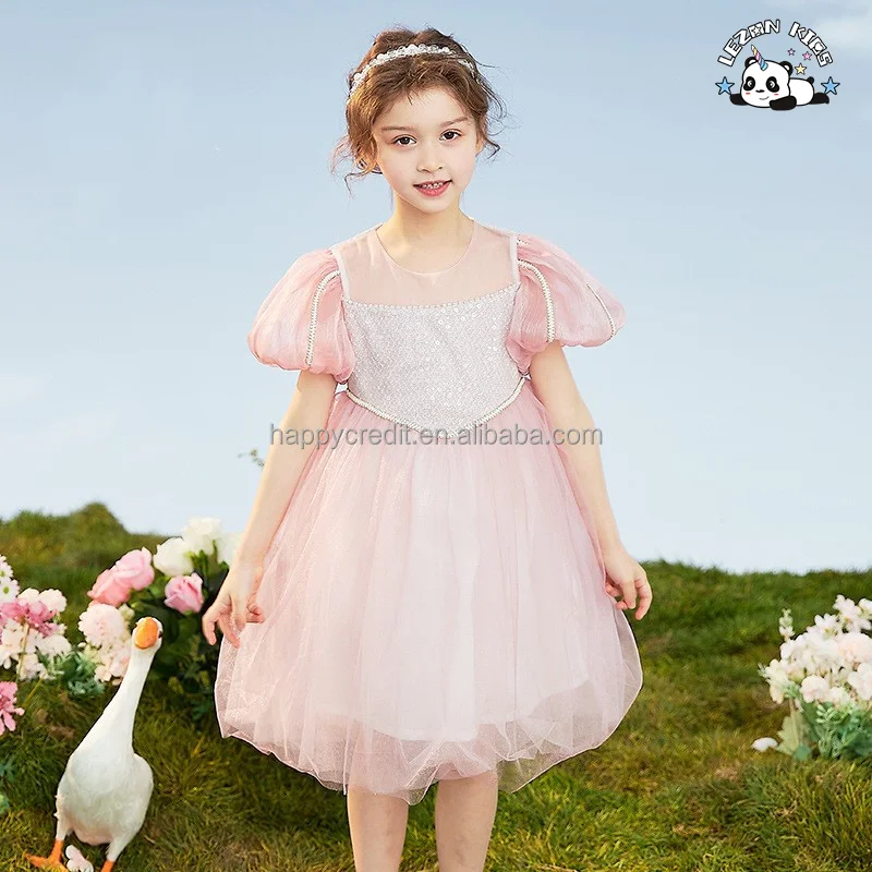 LEZONKIDS - Chegada Nova Personalizável Vestido de Criança com Manga Bufante e Lantejoulas para Festa de Tule e Mesh para Meninas de 2-14T